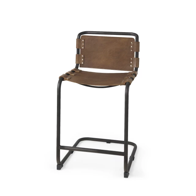 Brown black steel bar chair with armrests and wood accents in outdoor furniture setting