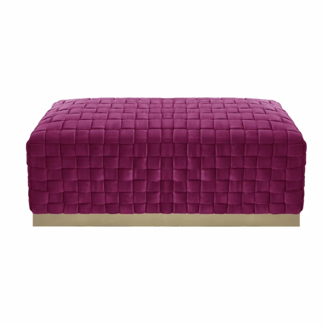 Fuchsia gold upholstered velvet bench with purple magenta tints and cylindrical elements