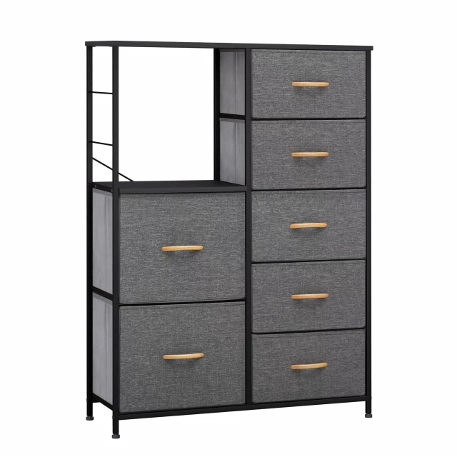 alt=Black steel fabric seven drawer chest in modern design
