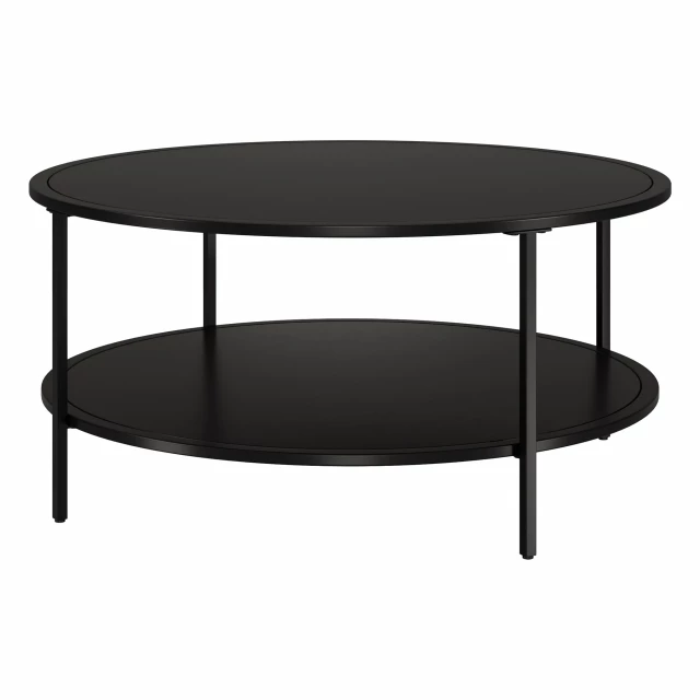 Round glass and steel coffee table with shelf for modern living room decor