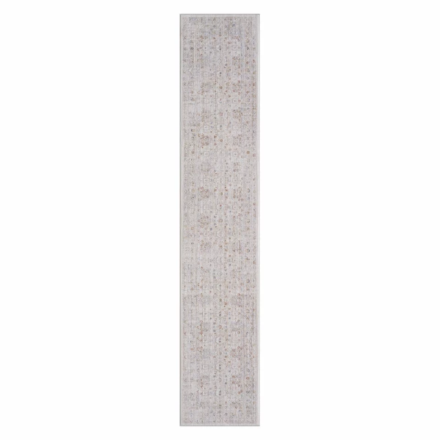 beige botanical runner rug with rectangular pattern and linen texture