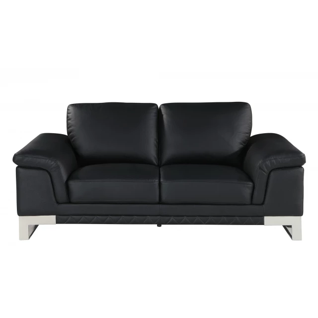 Black silver genuine leather love seat with comfortable studio couch design and wooden accents