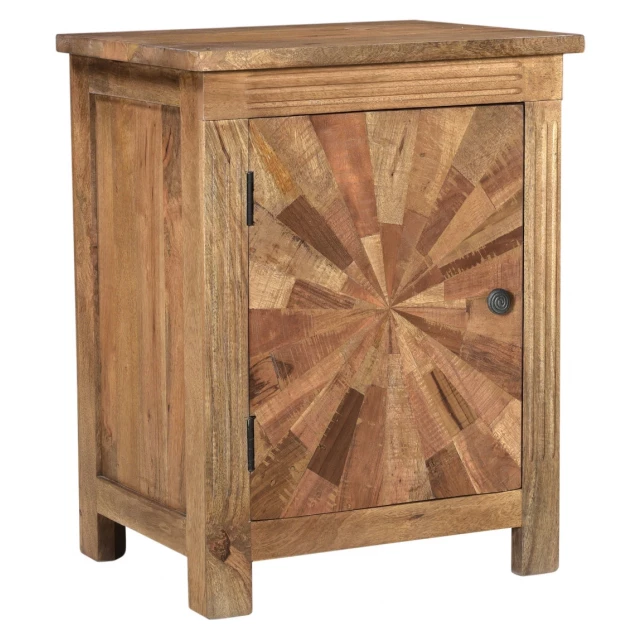 Brown sunburst geometric solid wood nightstand with drawers and cabinetry finish