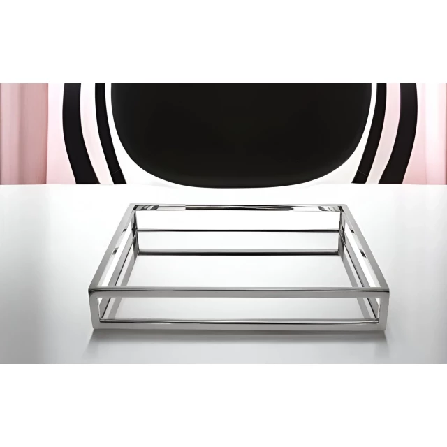white silver square metal serving tray on black background