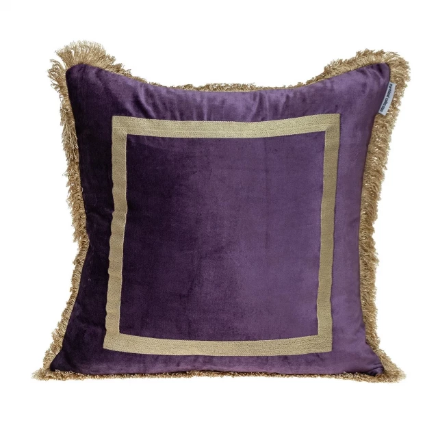 Gold fringe decorative square throw pillow with purple magenta accents