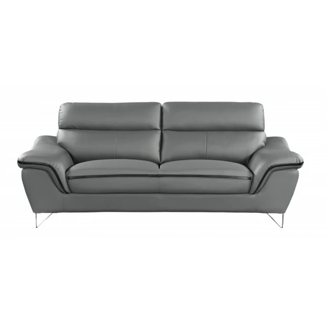 Gray silver faux leather love seat with comfortable cushioning and modern design