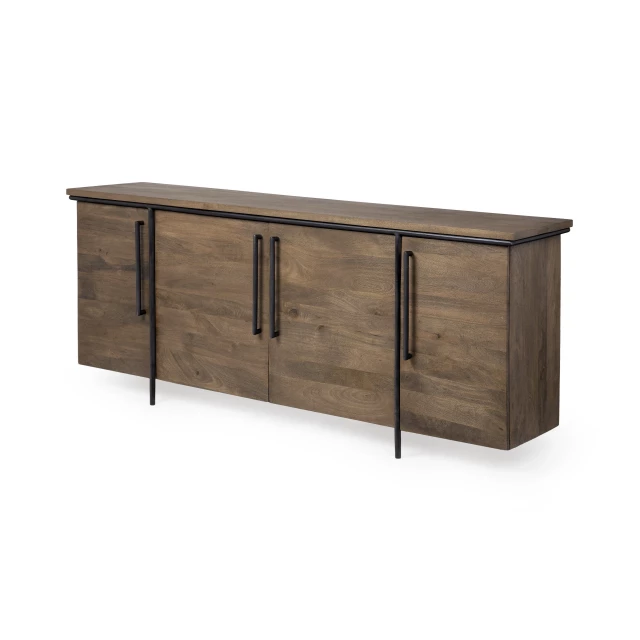 Mango wood finish sideboard with door cabinets and hardwood plank details