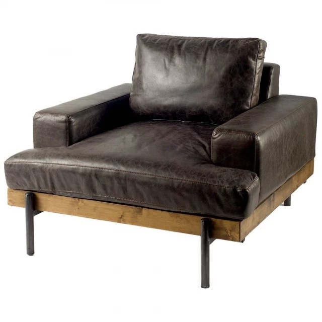 Black faux leather distressed club chair with wood armrests and comfortable rectangle cushion