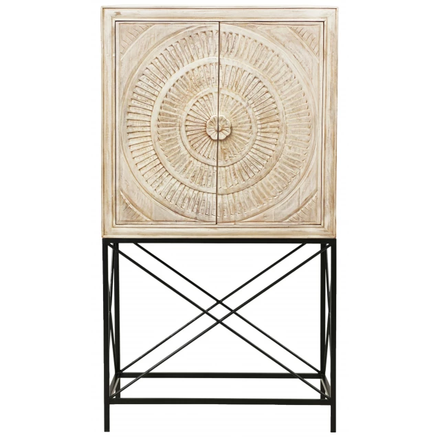 Wood door floral carved wine cabinet with symmetrical design and rectangle shape