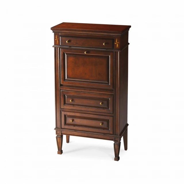 brown rubberwood secretary desk with drawers and varnish finish