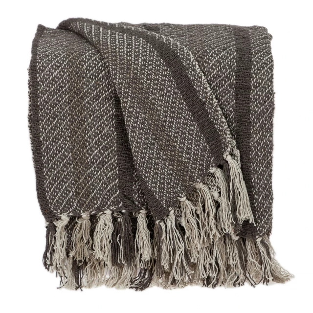 Brown taupe striped woven handloom throw product image showing woolen outerwear with grey collar and patterned scarf