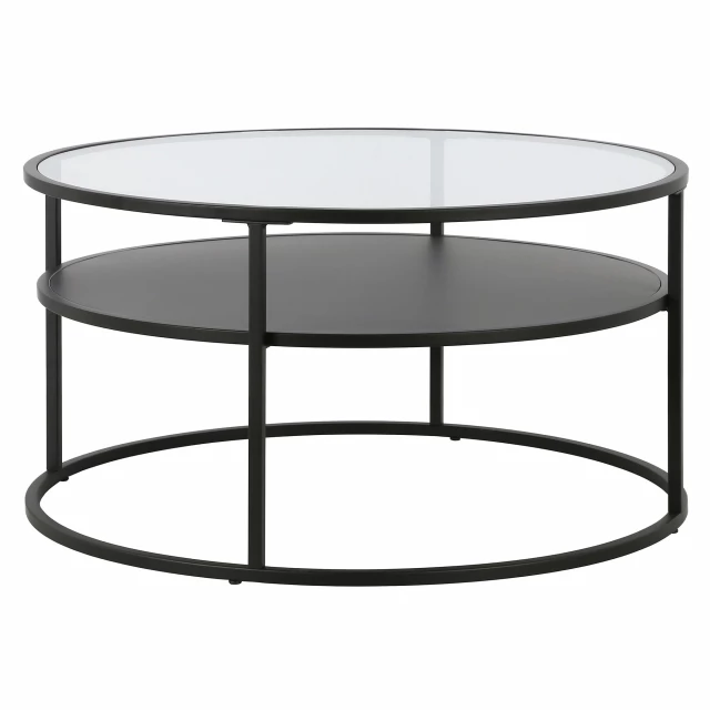 Round glass and steel coffee table with shelf