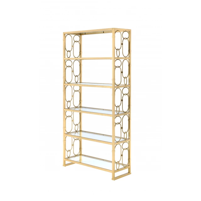 metal glass five tier etagere bookcase with symmetrical rectangular shelves