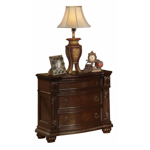 Cherry wood nightstand with drawers and light cabinetry design