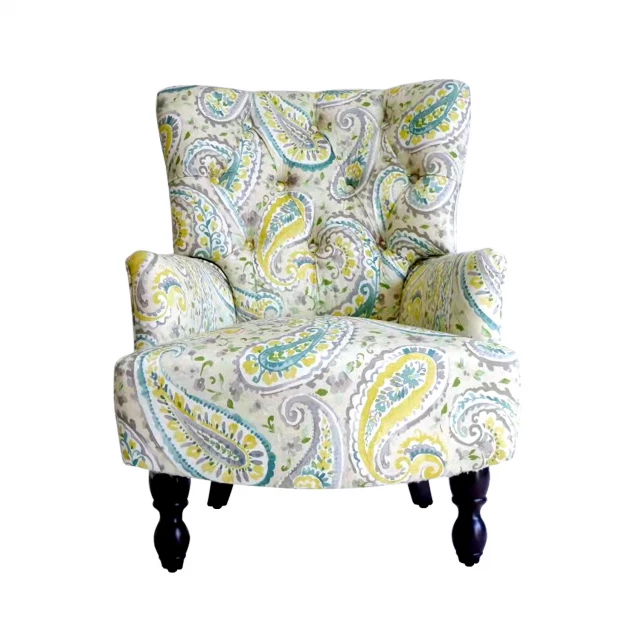 Brown polyester blend paisley arm chair with pillow and armrest in cozy setting