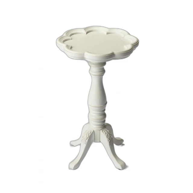Cottage white wood floral end table with artistic metal elements and decorative symbol drawing