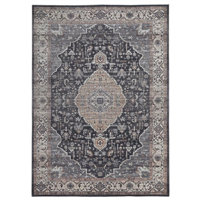 black oriental stain resistant area rug with rectangle pattern and symmetrical art design