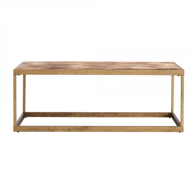 Solid wood metal rectangular coffee table in a natural wood stain finish with hardwood and plywood details