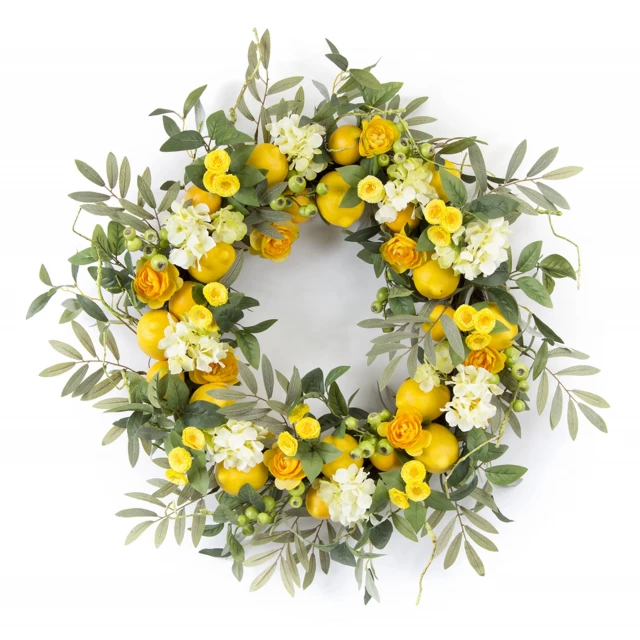 Green and yellow artificial summer lemon wreath with flowers and petals