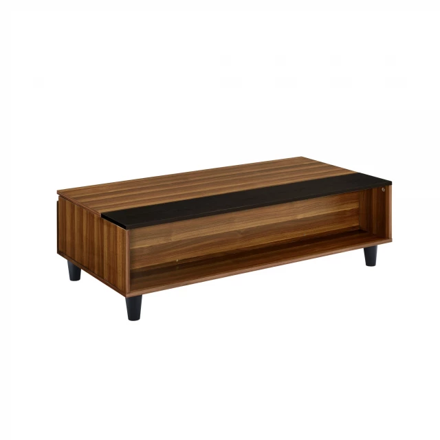 Black rectangular lift coffee table with shelf and varnished hardwood flooring finish