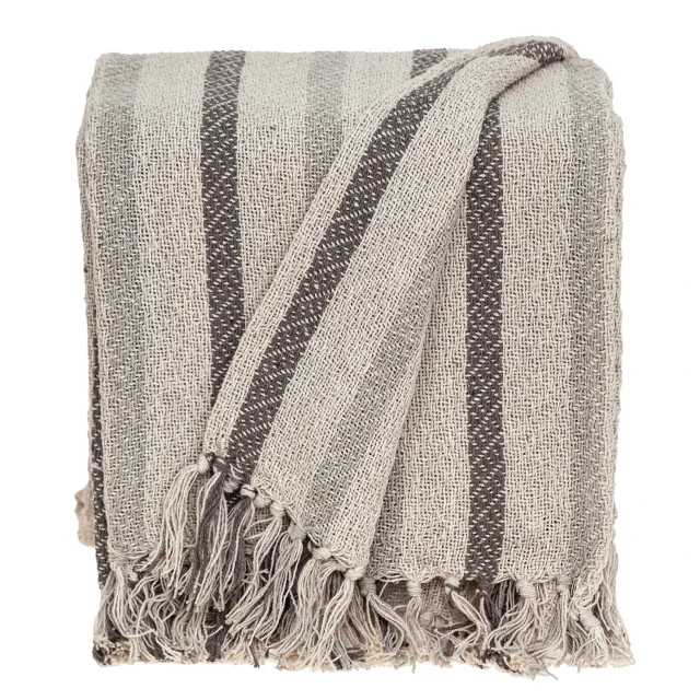 Taupe woven handloom throw blanket tassels product image showing outerwear sleeve pattern in grey woolen material