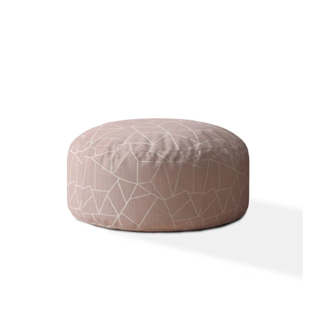 Pink canvas round geometric pouf ottoman with beige wood accents and synthetic rubber detailing for modern home comfort