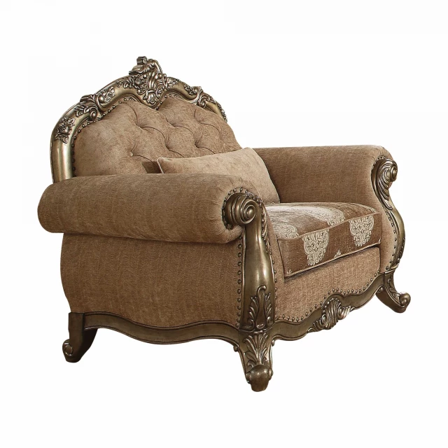Damask tufted arm chair with toss pillow in brown and beige colors