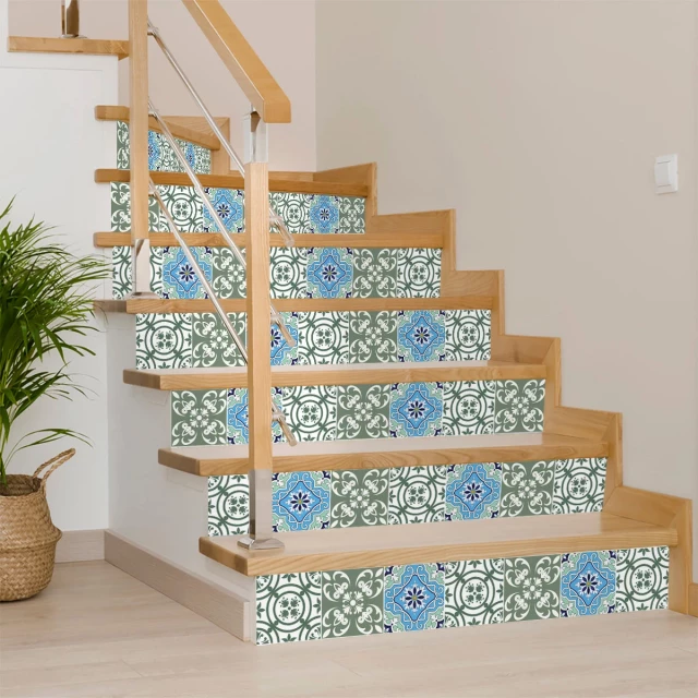 aqua floral peel stick removable tiles with houseplants and wooden shelves