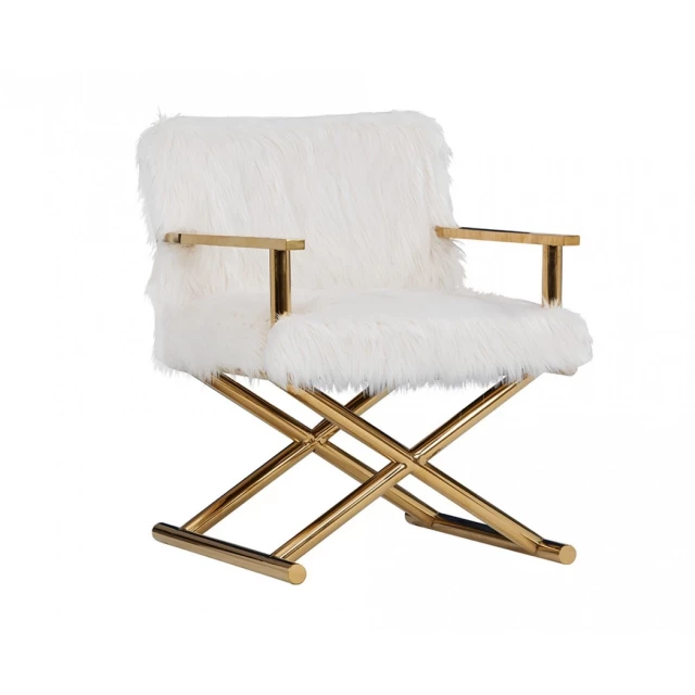 White gold polyester arm chair with wood armrests and comfortable rectangle design