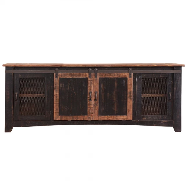 cabinet enclosed storage distressed tv stand in brown hardwood with wood stain and beige pattern details