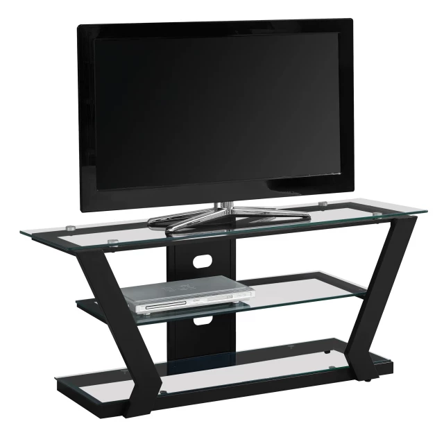 Black tempered glass metal TV stand with shelving for electronics