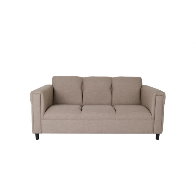 Beige black polyester sofa with comfortable cushions and wooden legs in a studio setting