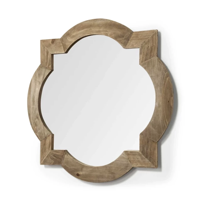Square brown wood frame wall mirror for home decor displayed on a table