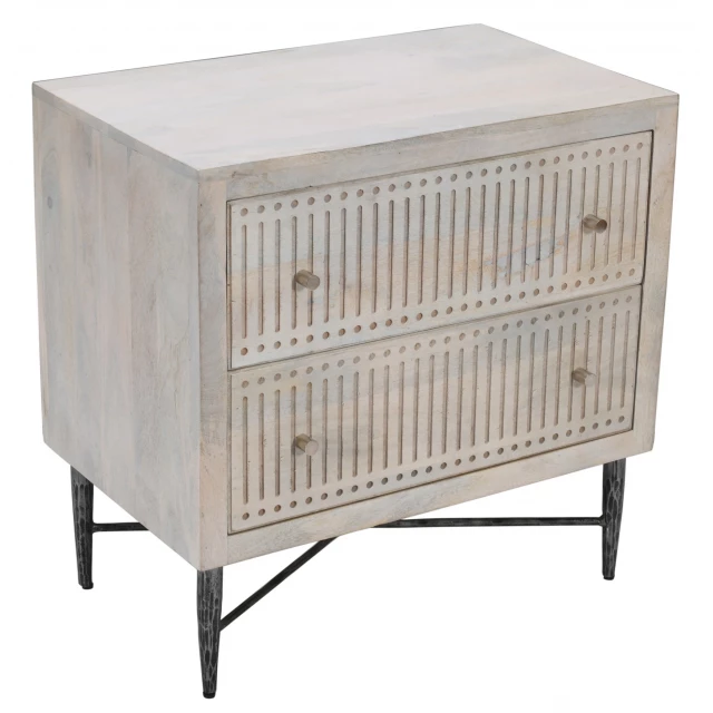 Brushed ivory nightstand with hardwood and metal details