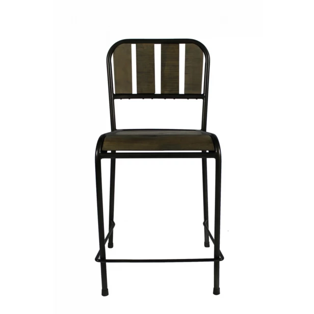 Black iron counter height bar chair with armrests and wood accents