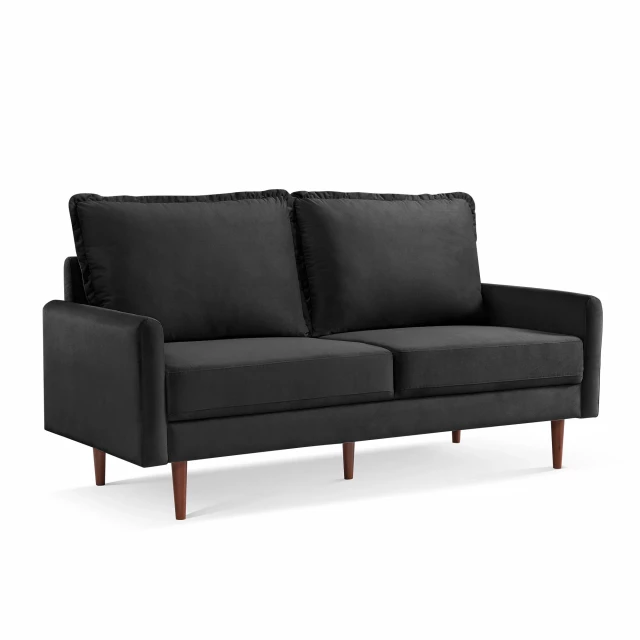 Black velvet dark brown sofa with comfortable studio couch design and wooden accents suitable for outdoor use
