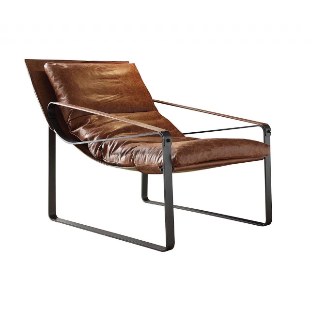 Brown grain leather steel lounge chair with wood armrests and comfortable rectangle design for home or office use