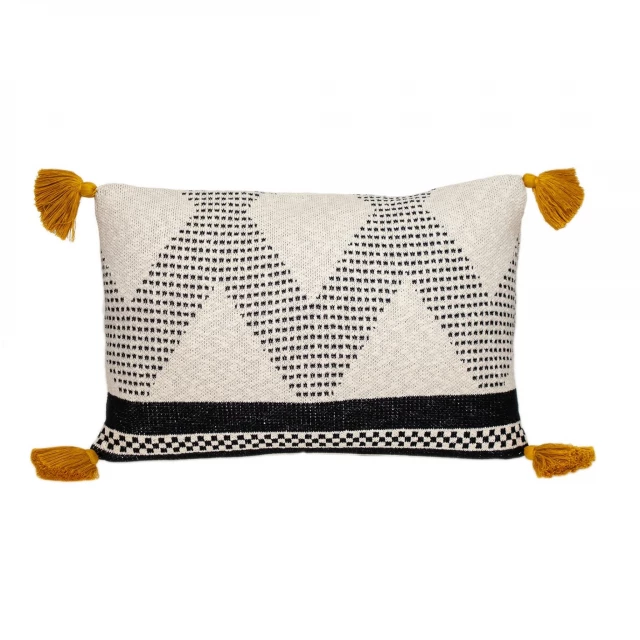 Beige black knit throw pillow with a textured pattern on a basket weave background