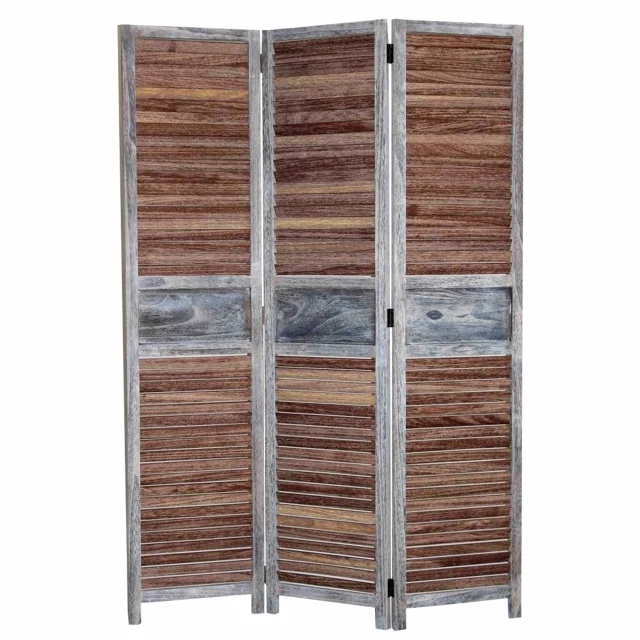Brown wood screen with shelving plank details for home decor