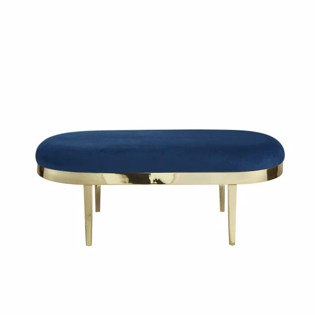 Navy blue gold upholstered velvet bench with wood stain finish