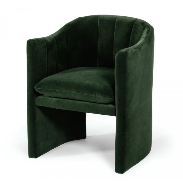 Green velvet modern curvilinear dining chair with wood accents and comfortable design