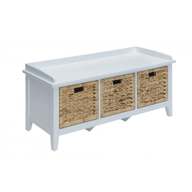 White bench with drawers in natural hardwood and metal details
