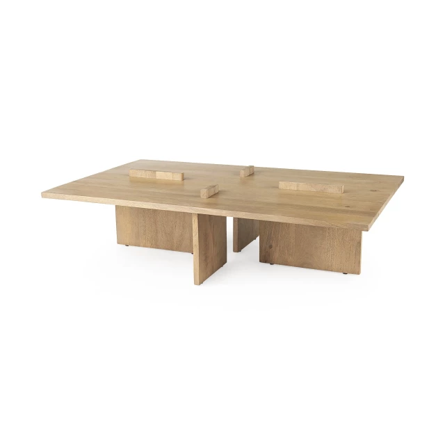 Natural rectangular coffee table made of wood with plank details suitable for outdoor use
