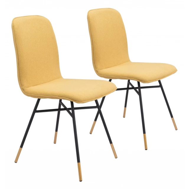 Gold upholstered polyester dining side chairs with armrest and wooden legs