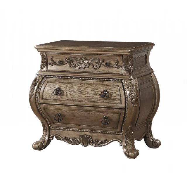 Solid wood champagne novelty nightstand with drawers and cabinetry details