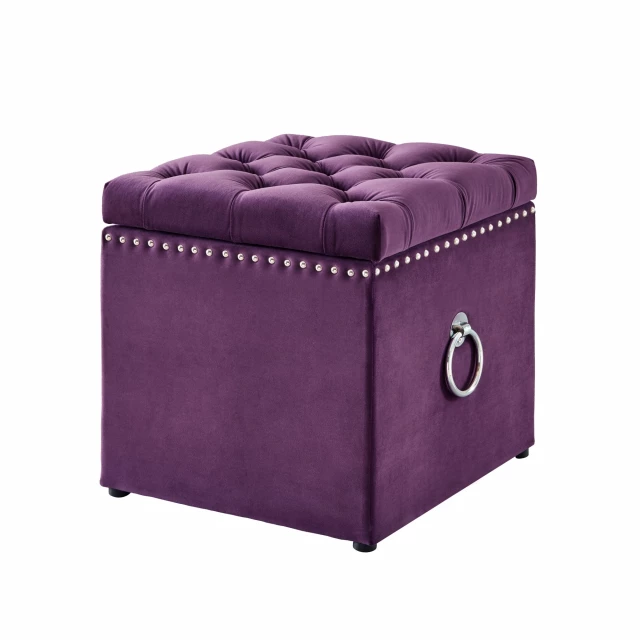 Purple velvet black tufted storage ottoman with fashion accessory accents in magenta and electric blue