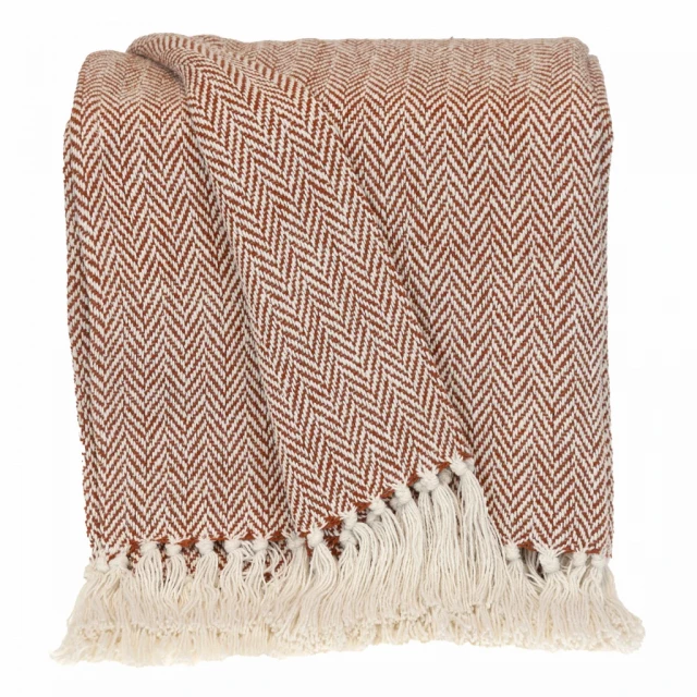 Collection transitional herringbone rust rectangle throw in beige wool with woven fabric pattern