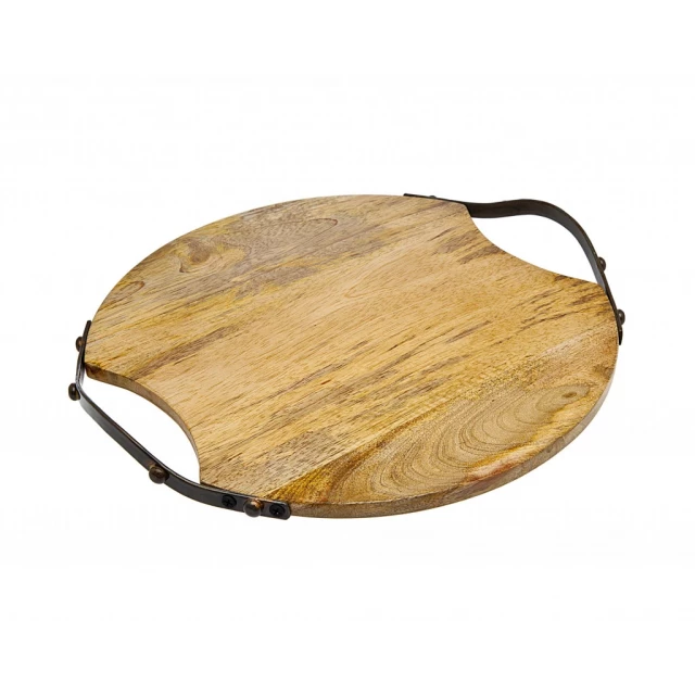 natural brown round wood metal tray with natural material and tableware
