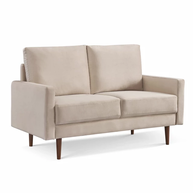 Beige dark brown velvet loveseat with wood accents and comfortable studio couch design