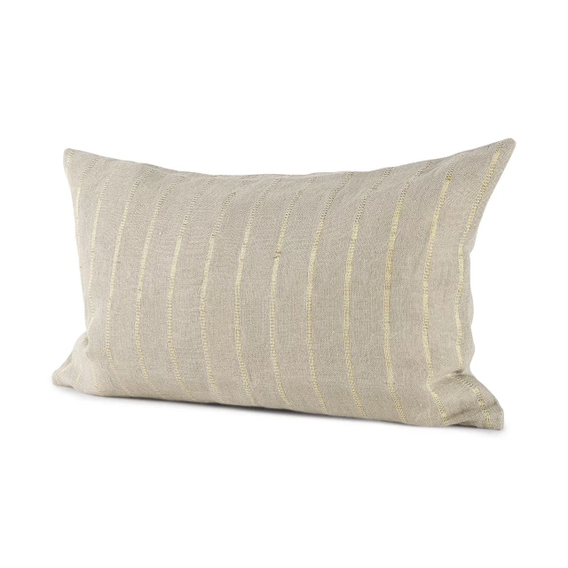 Beige gold striped lumbar pillow cover with synthetic rubber pattern and leather accents